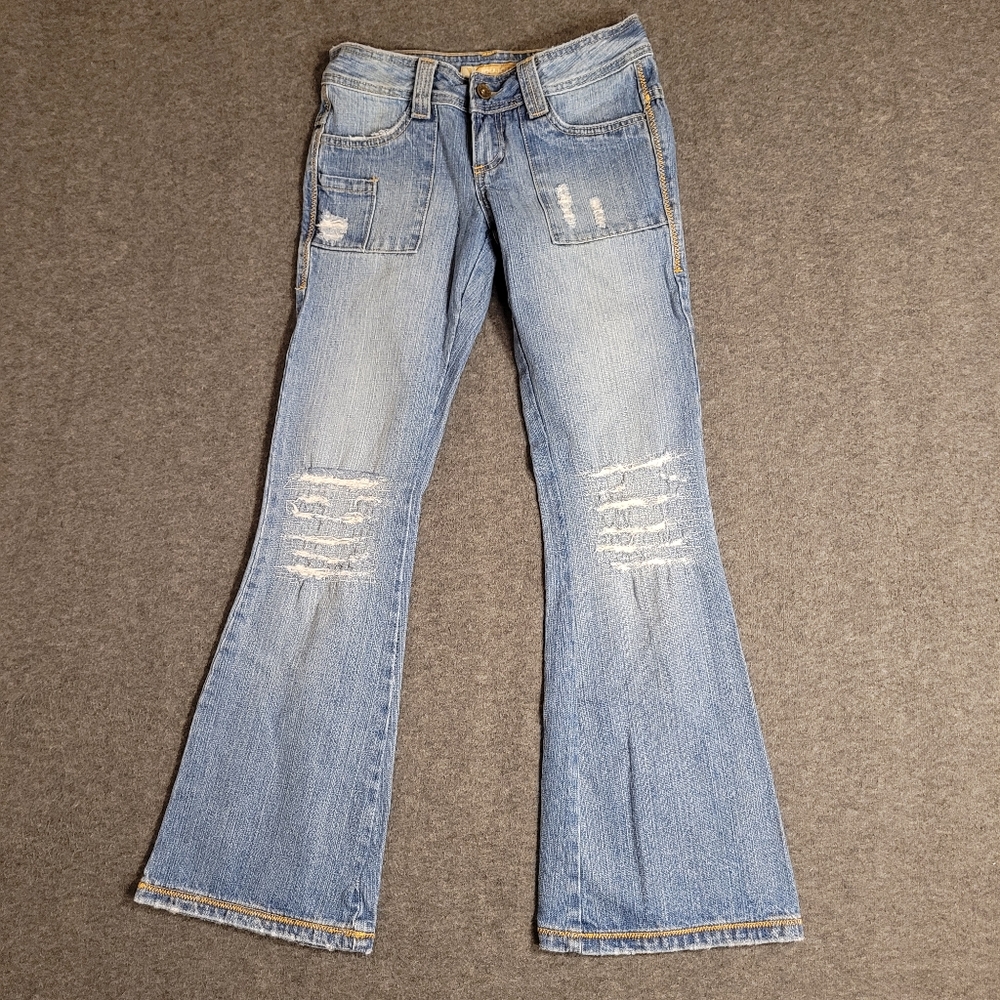 Y2K JouJou Flare Jeans 5/6 Blue Low Rise Distressed OEM Sewn Holes Flap Pocket